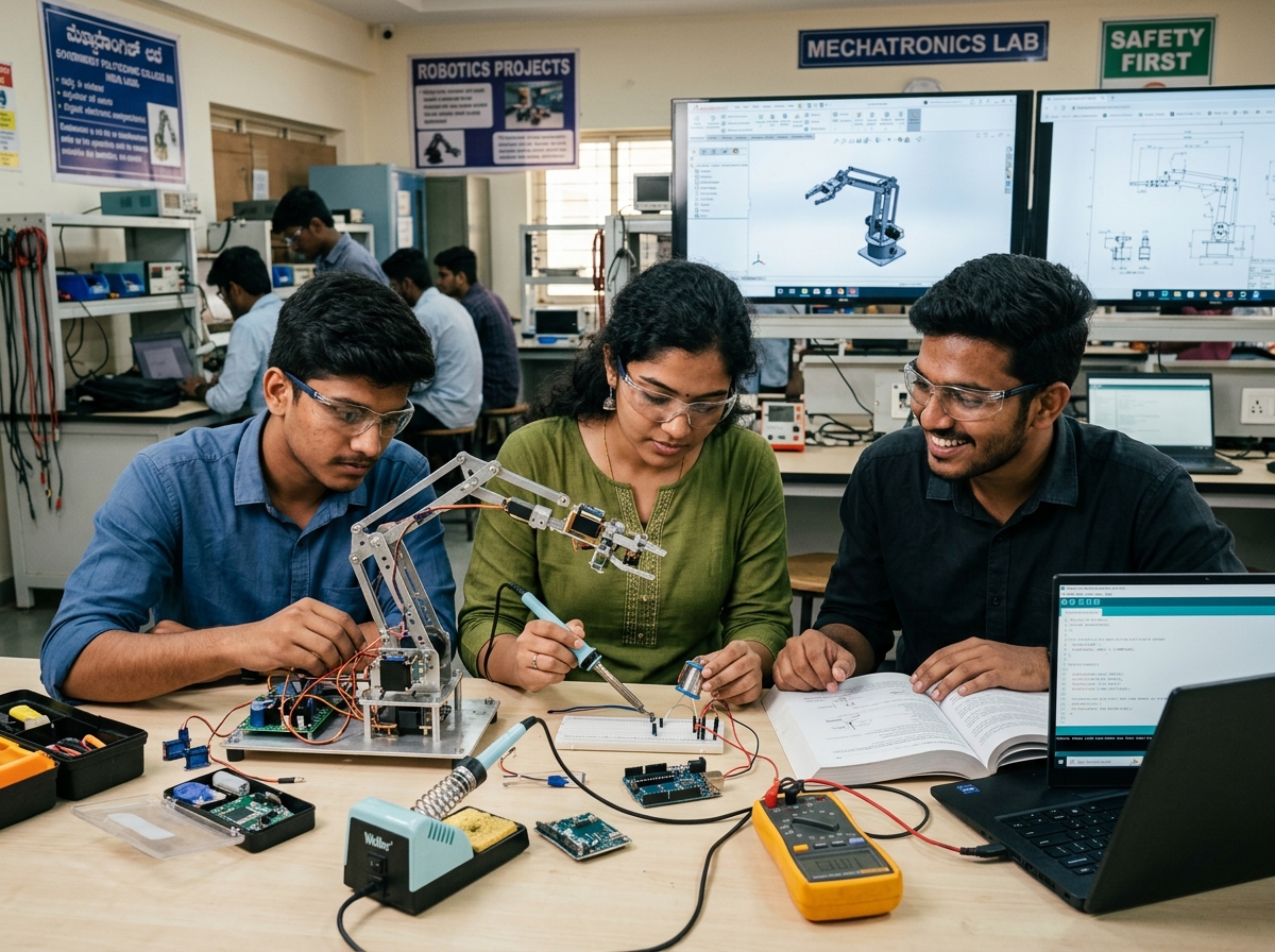 Polytechnic diploma engineering students testing microcontroller and robotics projects in a Karnataka laboratory