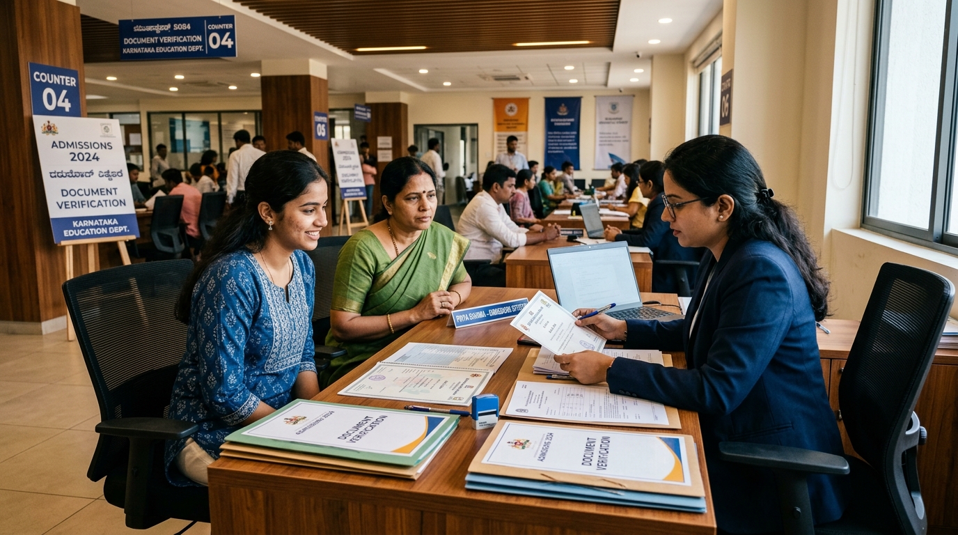 KEA document verification counter with verification officer inspecting certificates