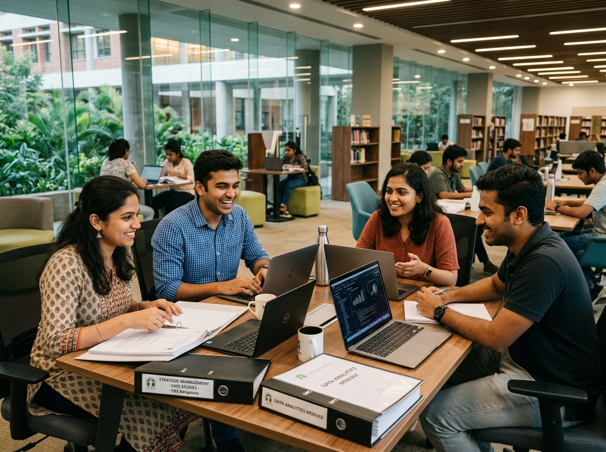 Postgraduate MBA and MCA students working together in a Bengaluru university business and tech hub